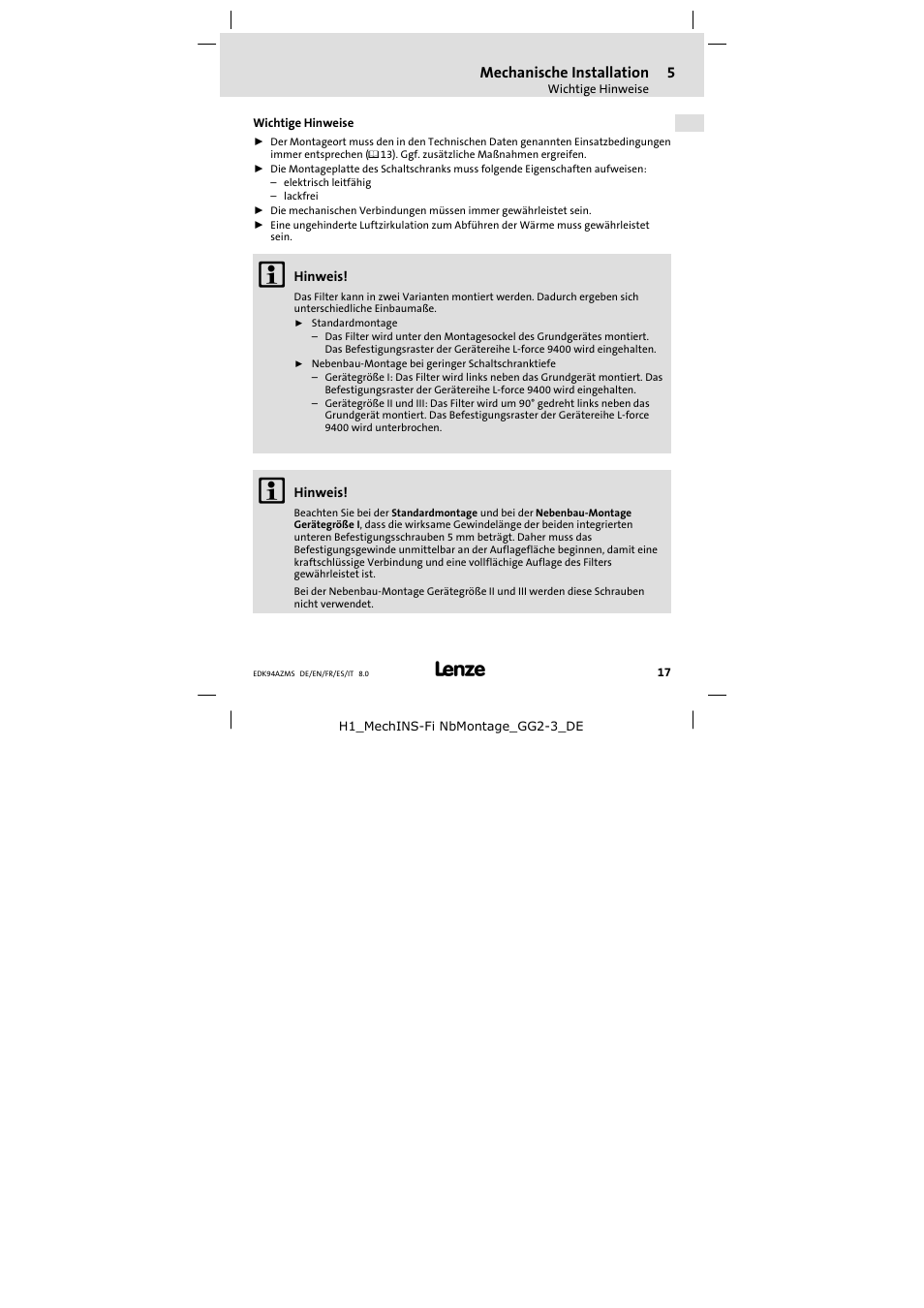 Mechanische installation, Wichtige hinweise | Lenze E94AZMS0314 User Manual | Page 17 / 132