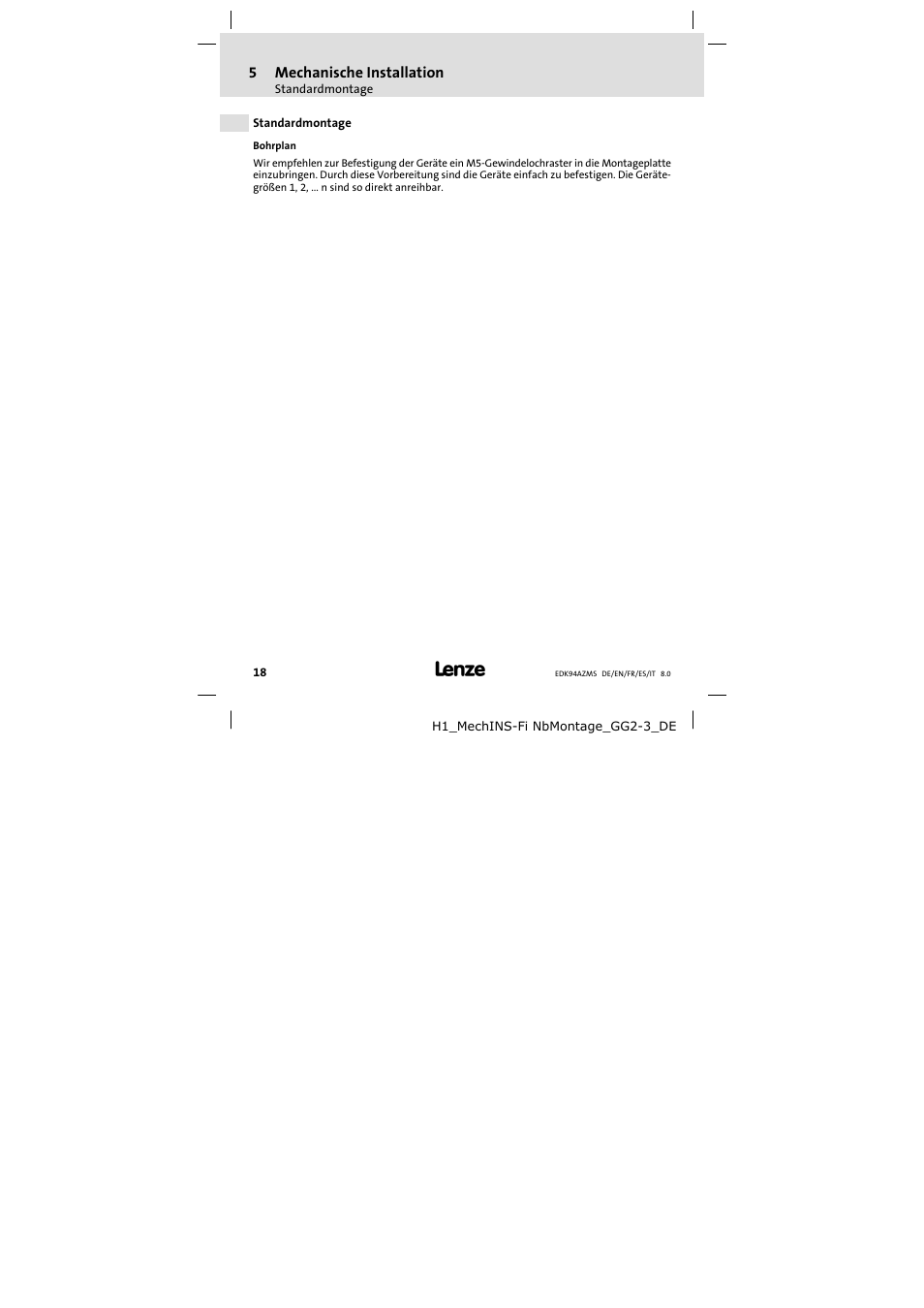 Standardmontage, Bohrplan, Standardmontage 18 | Lenze E94AZMS0314 User Manual | Page 18 / 132