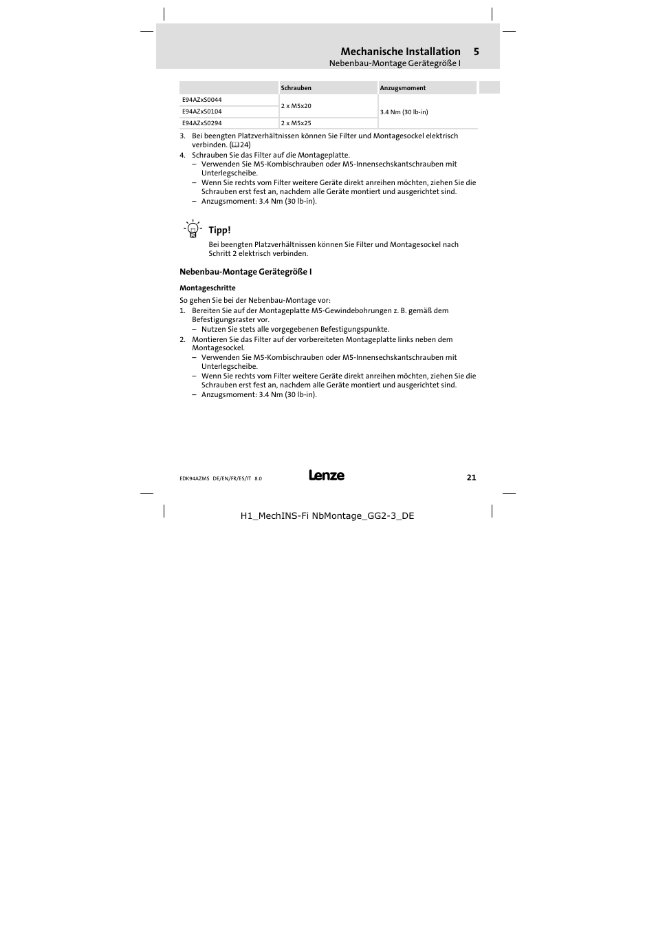Nebenbau-montage gerätegröße i, Montageschritte, Nebenbau−montage gerätegröße i | Mechanische installation | Lenze E94AZMS0314 User Manual | Page 21 / 132