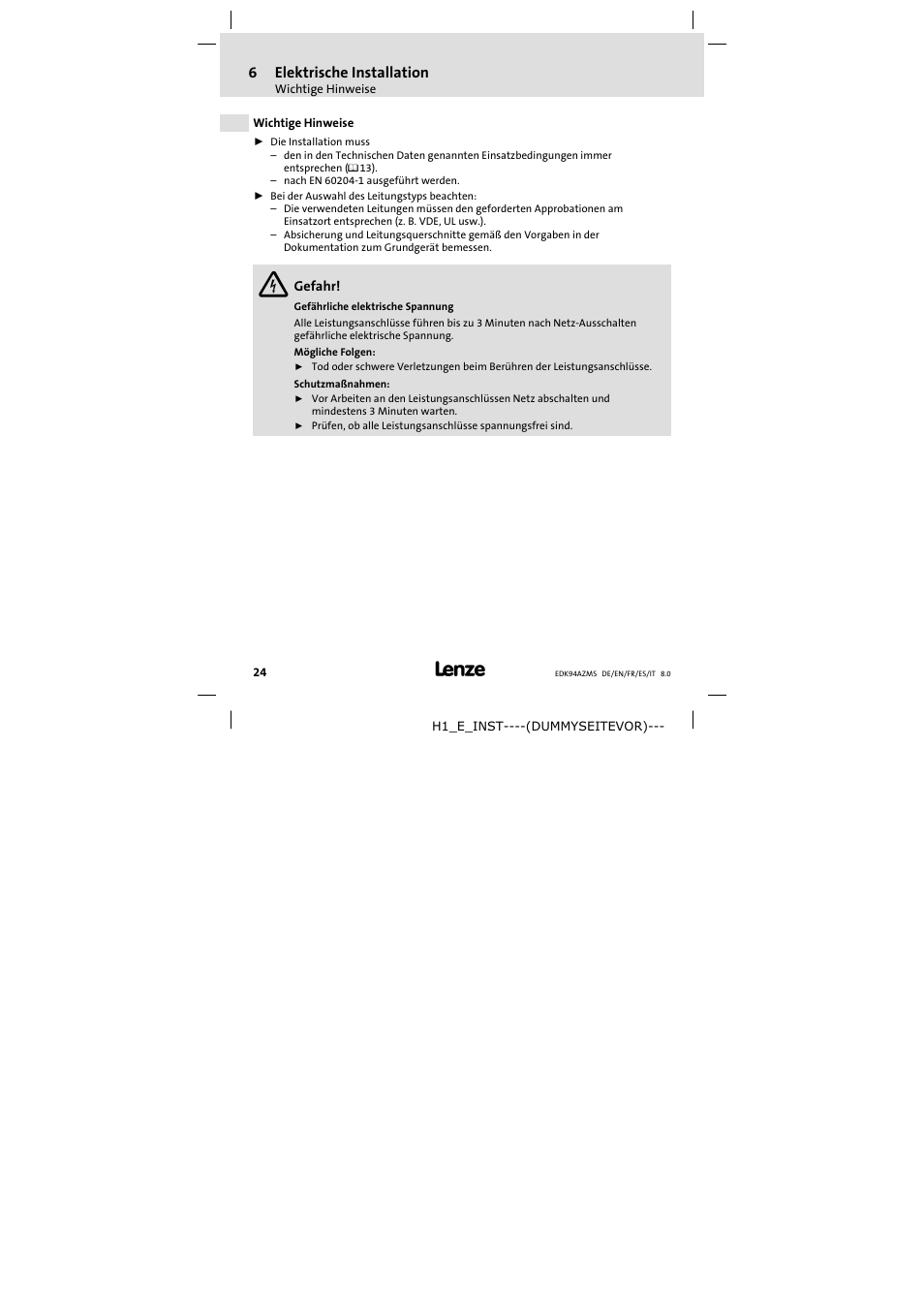 Elektrische installation, Wichtige hinweise, 6elektrische installation | Lenze E94AZMS0314 User Manual | Page 24 / 132