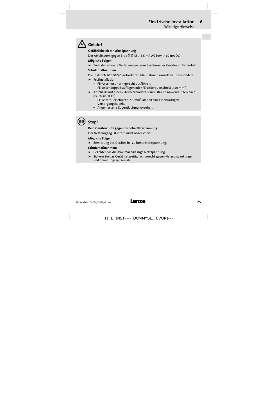 Elektrische installation | Lenze E94AZMS0314 User Manual | Page 25 / 132