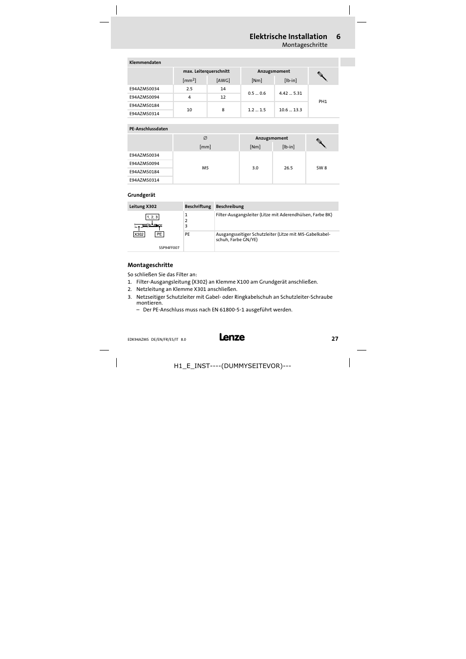 Montageschritte, Elektrische installation | Lenze E94AZMS0314 User Manual | Page 27 / 132