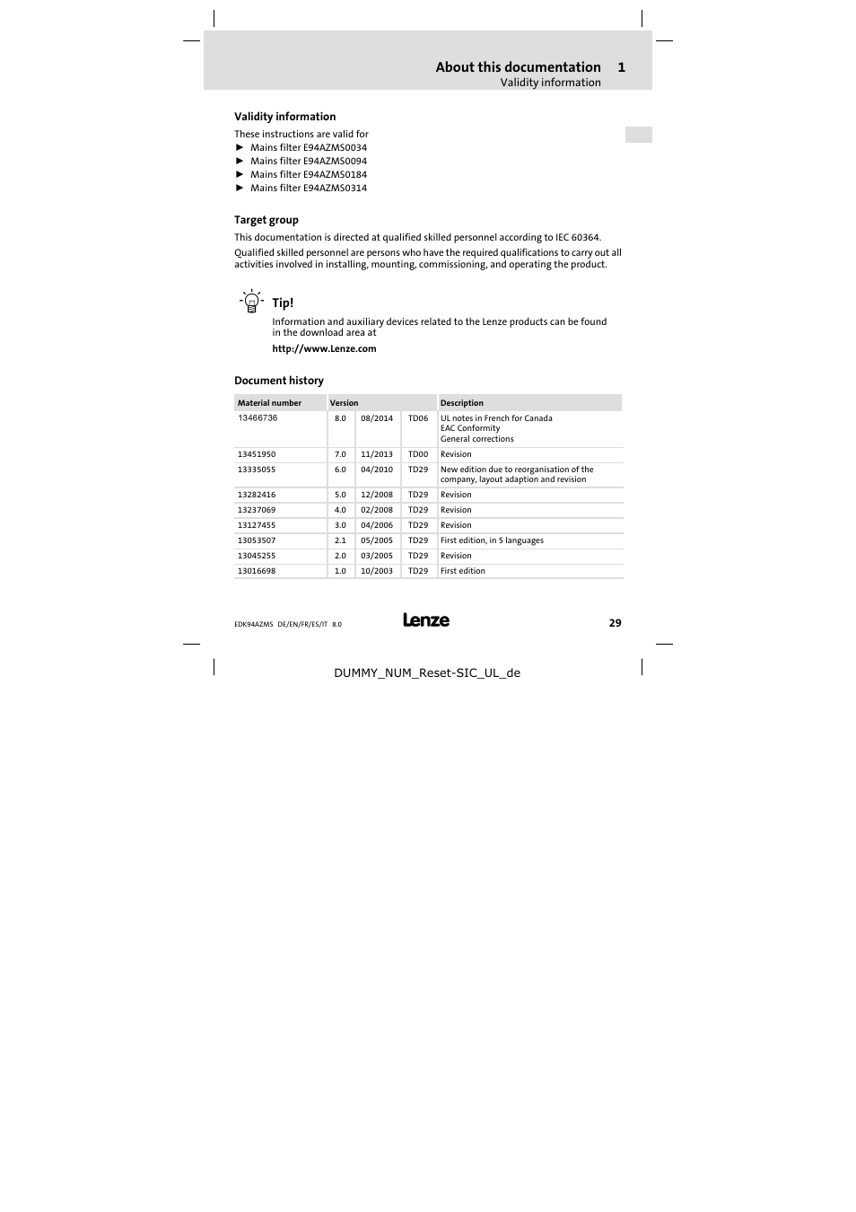 About this documentation, Validity information, Target group | Document history | Lenze E94AZMS0314 User Manual | Page 29 / 132