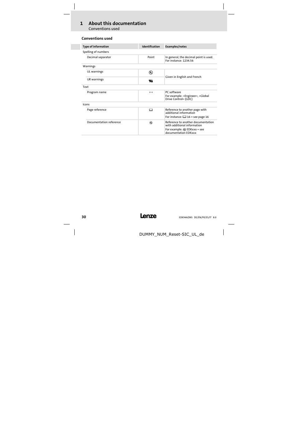 Conventions used, 1about this documentation | Lenze E94AZMS0314 User Manual | Page 30 / 132