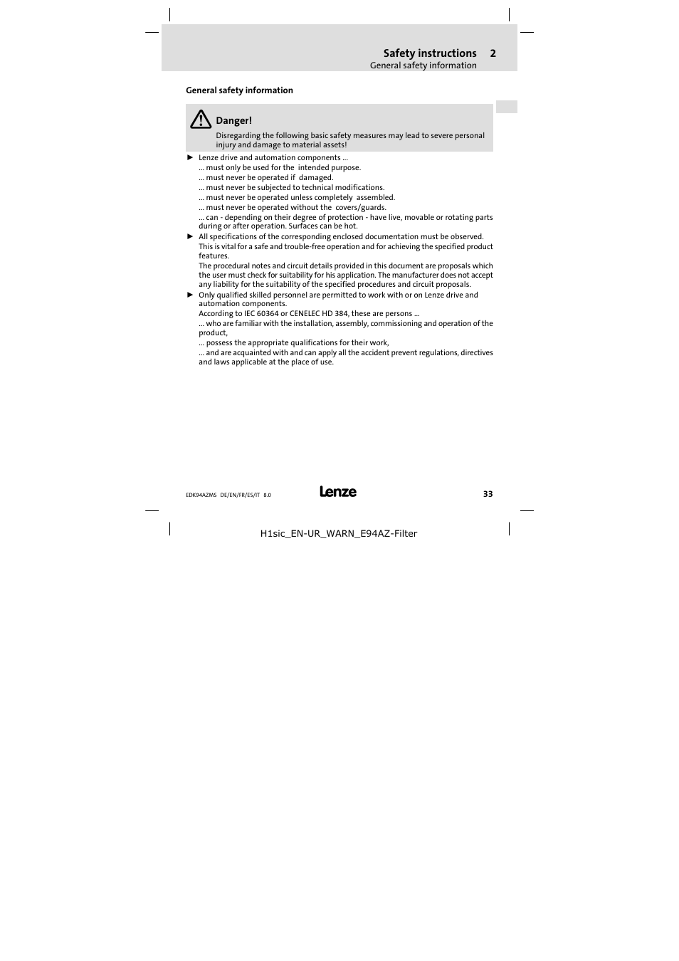 Safety instructions, General safety information | Lenze E94AZMS0314 User Manual | Page 33 / 132