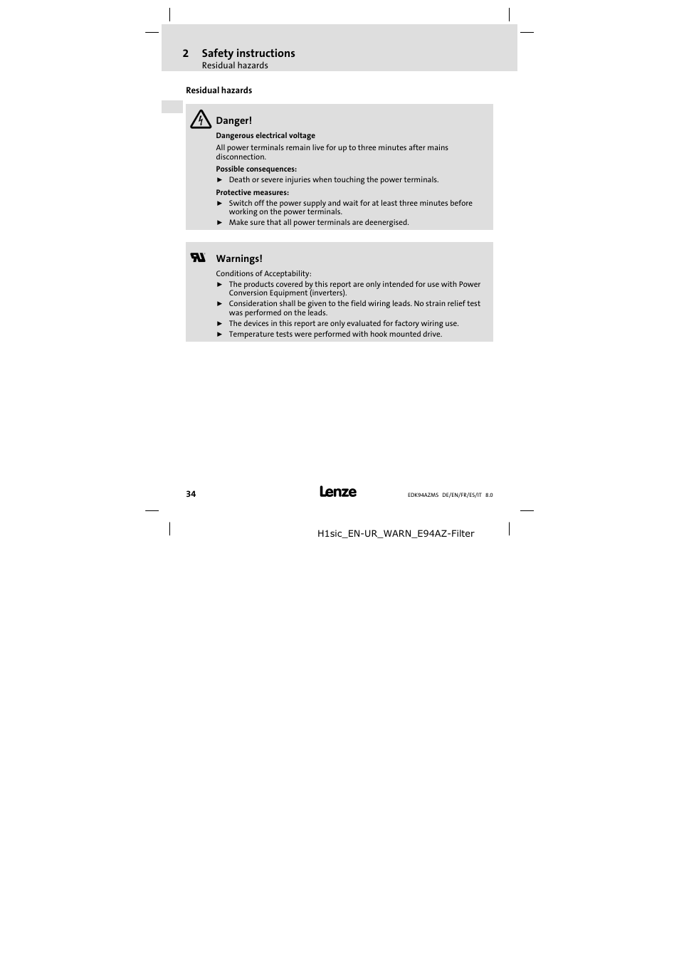 Residual hazards | Lenze E94AZMS0314 User Manual | Page 34 / 132