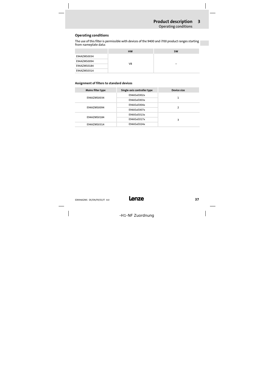 Operating conditions, Product description | Lenze E94AZMS0314 User Manual | Page 37 / 132