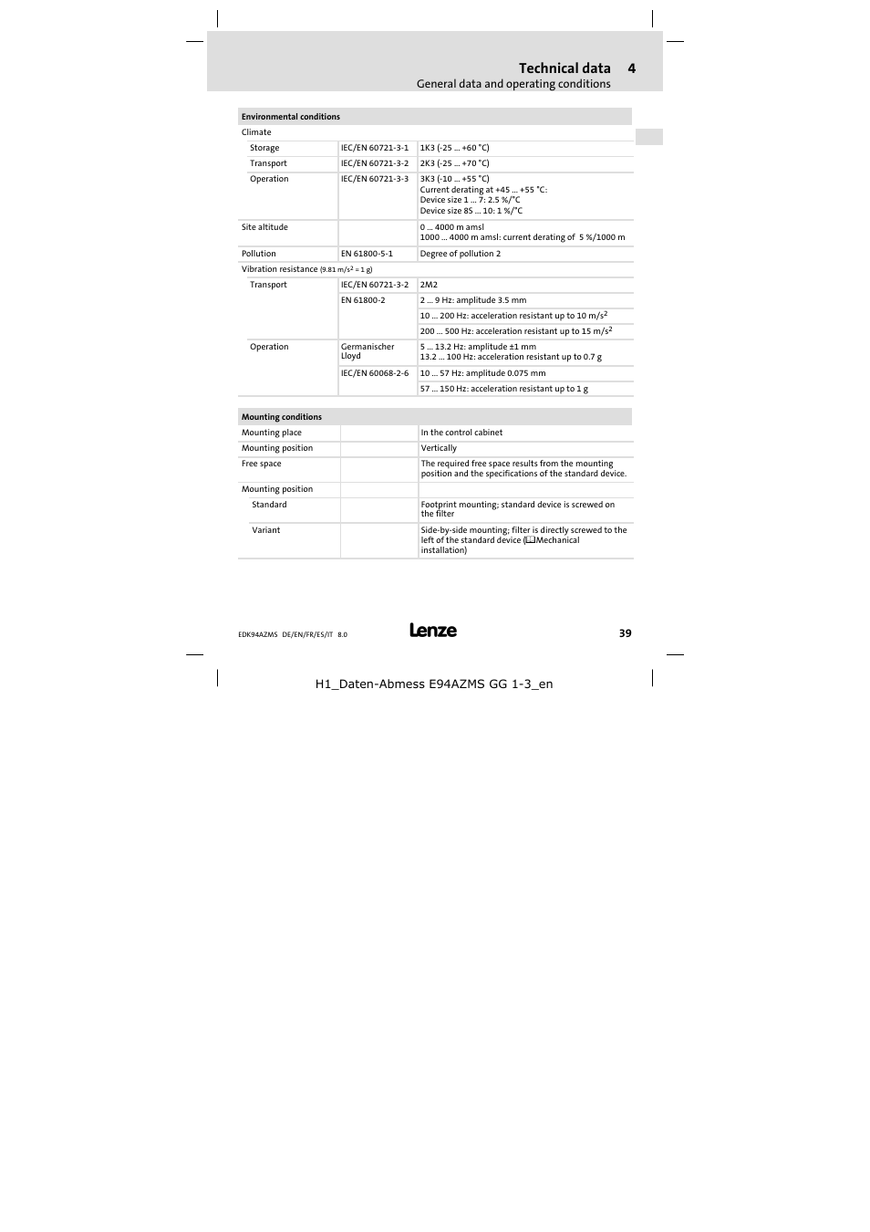 Technical data | Lenze E94AZMS0314 User Manual | Page 39 / 132