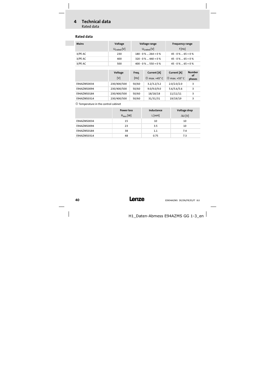 Rated data, 4technical data | Lenze E94AZMS0314 User Manual | Page 40 / 132