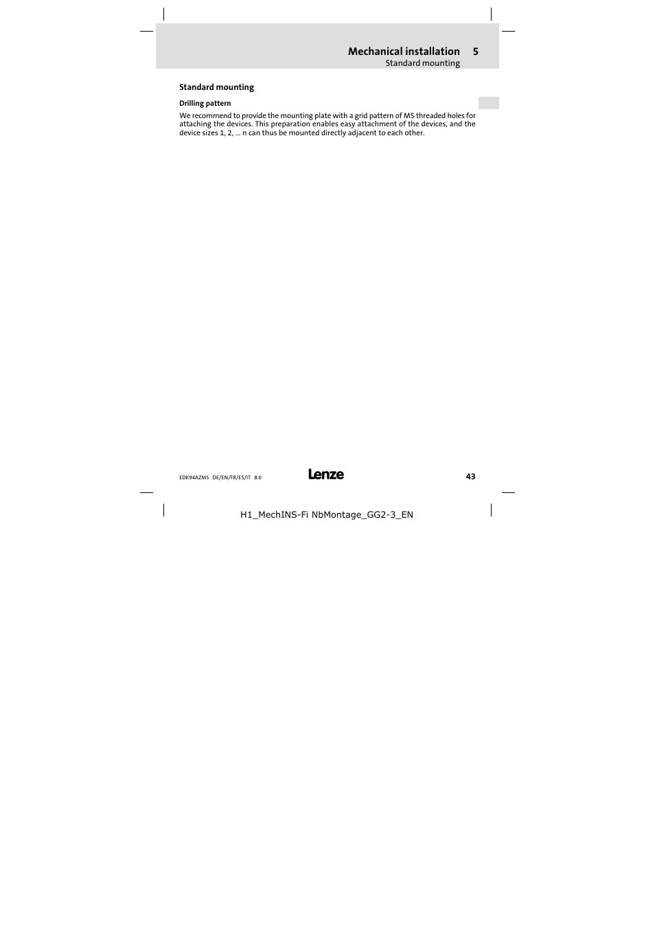 Standard mounting, Drilling pattern | Lenze E94AZMS0314 User Manual | Page 43 / 132