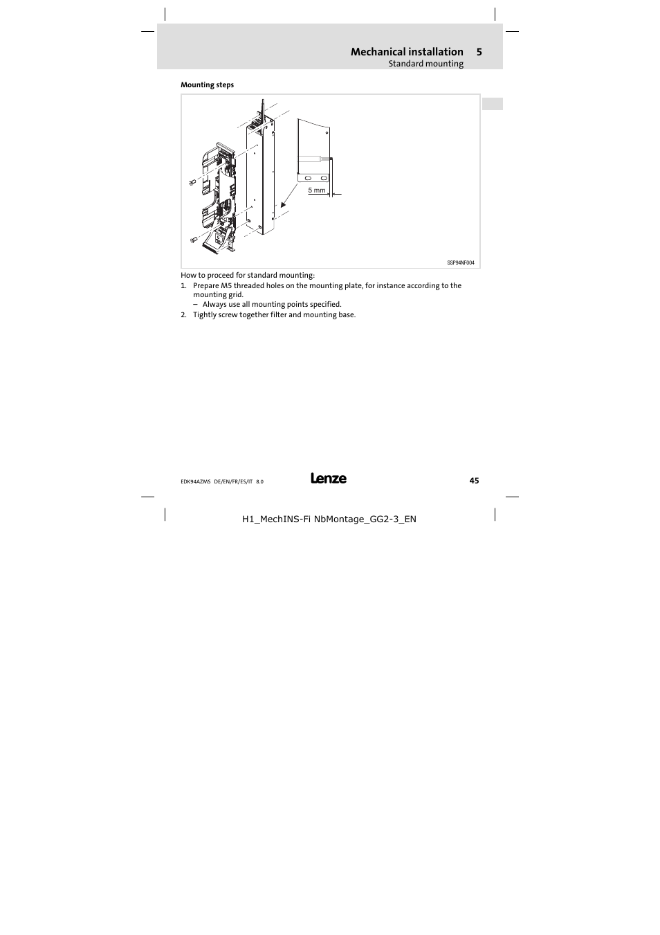 Mounting steps | Lenze E94AZMS0314 User Manual | Page 45 / 132