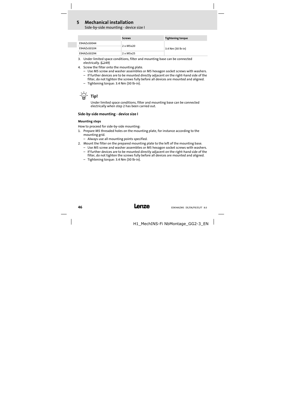 Side-by-side mounting - device size i, Mounting steps, Side−by−side mounting − device size i | Lenze E94AZMS0314 User Manual | Page 46 / 132