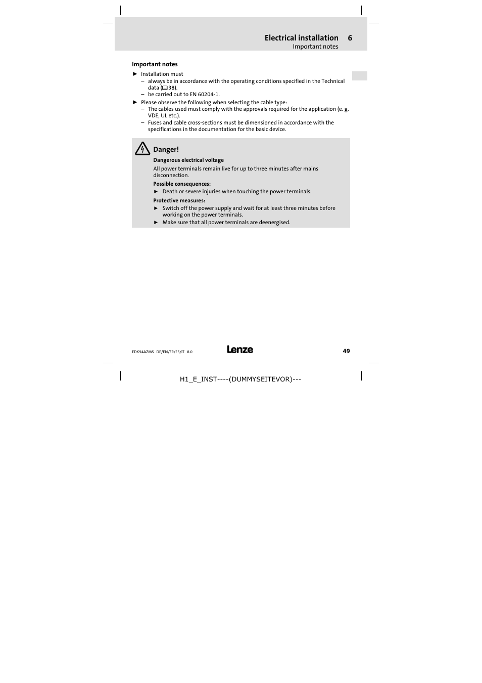 Electrical installation, Important notes | Lenze E94AZMS0314 User Manual | Page 49 / 132