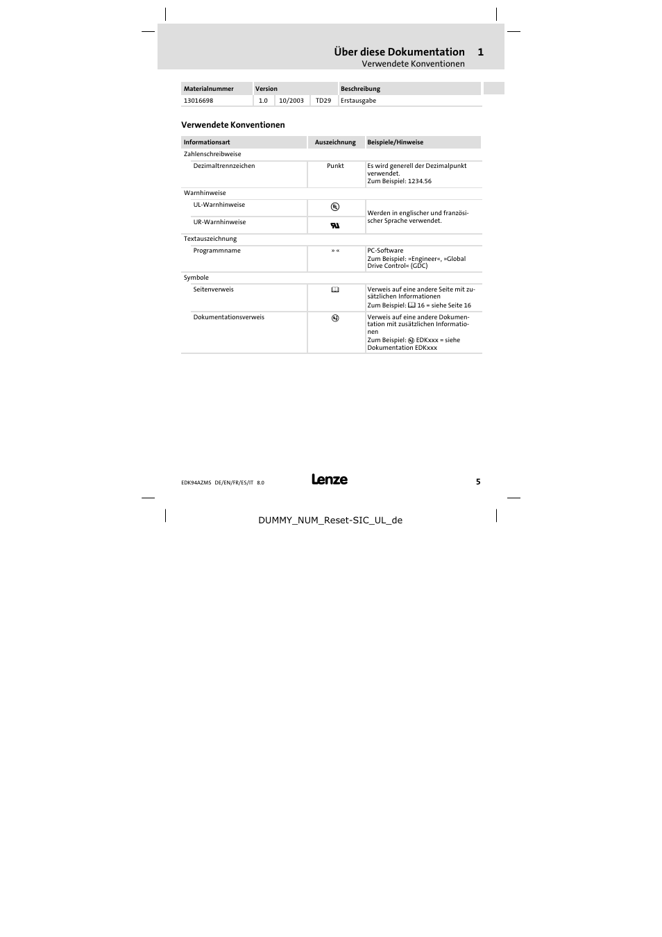 Verwendete konventionen, Über diese dokumentation | Lenze E94AZMS0314 User Manual | Page 5 / 132