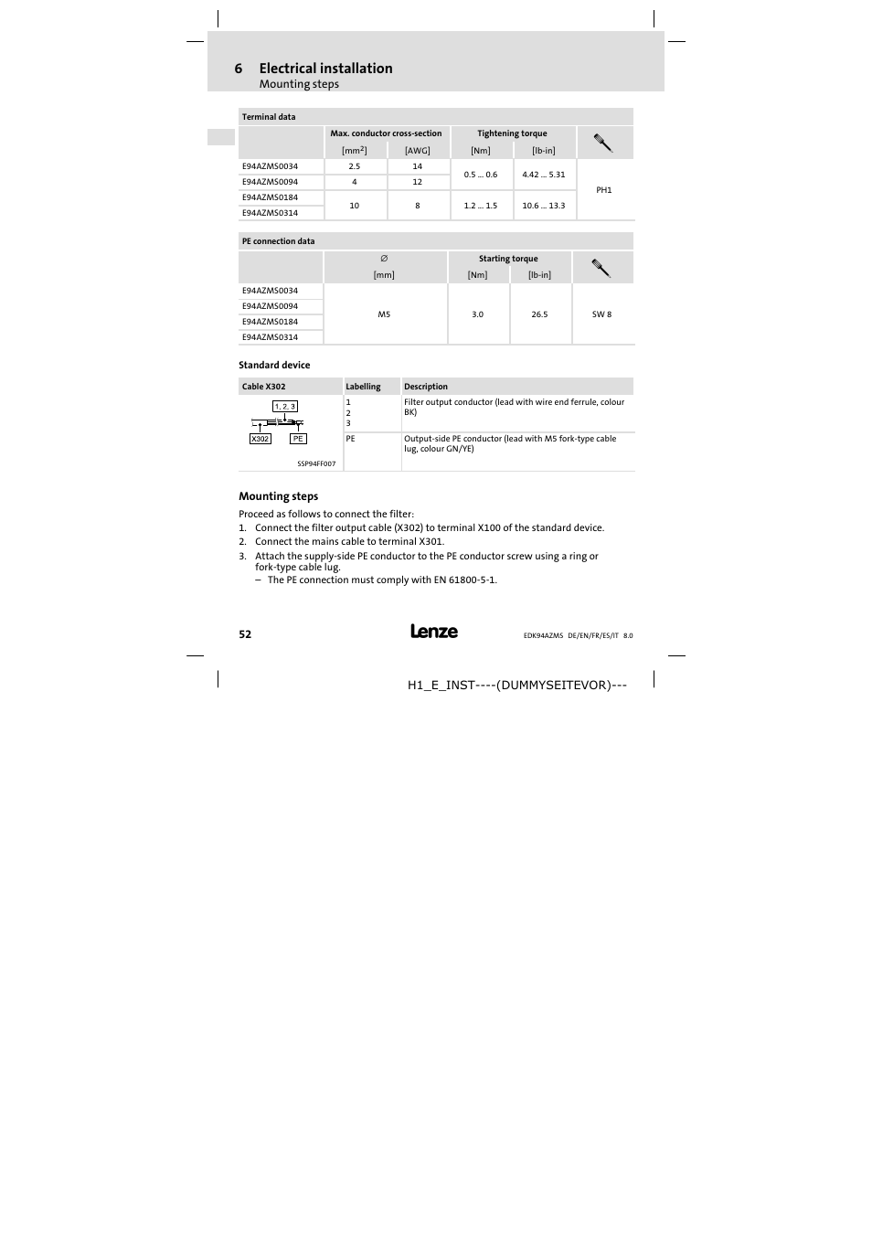 Mounting steps, 6electrical installation | Lenze E94AZMS0314 User Manual | Page 52 / 132
