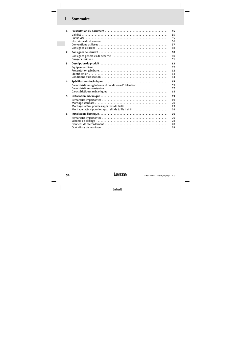 Sommaire, Isommaire | Lenze E94AZMS0314 User Manual | Page 54 / 132