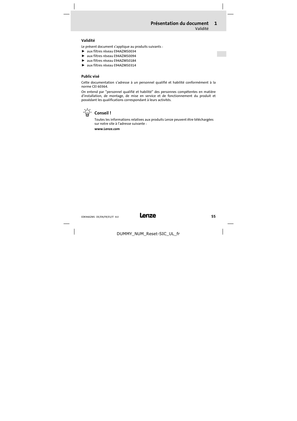 Présentation du document, Validité, Public visé | Lenze E94AZMS0314 User Manual | Page 55 / 132