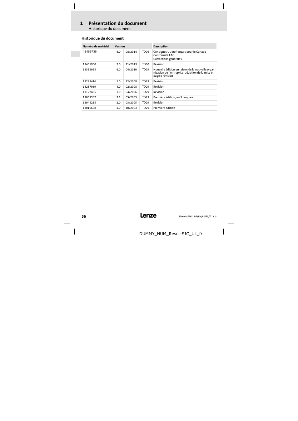 Historique du document, 1 présentation du document | Lenze E94AZMS0314 User Manual | Page 56 / 132