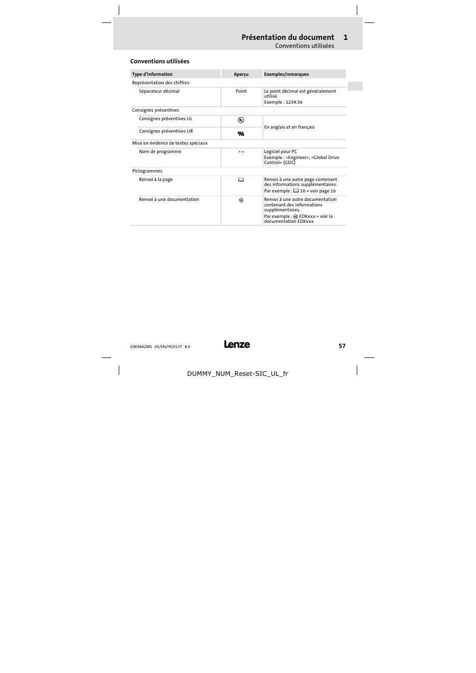 Conventions utilisées, Présentation du document | Lenze E94AZMS0314 User Manual | Page 57 / 132