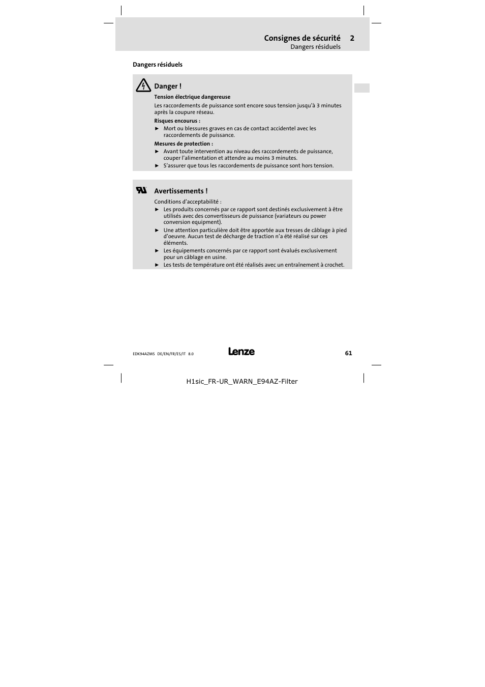 Dangers résiduels | Lenze E94AZMS0314 User Manual | Page 61 / 132