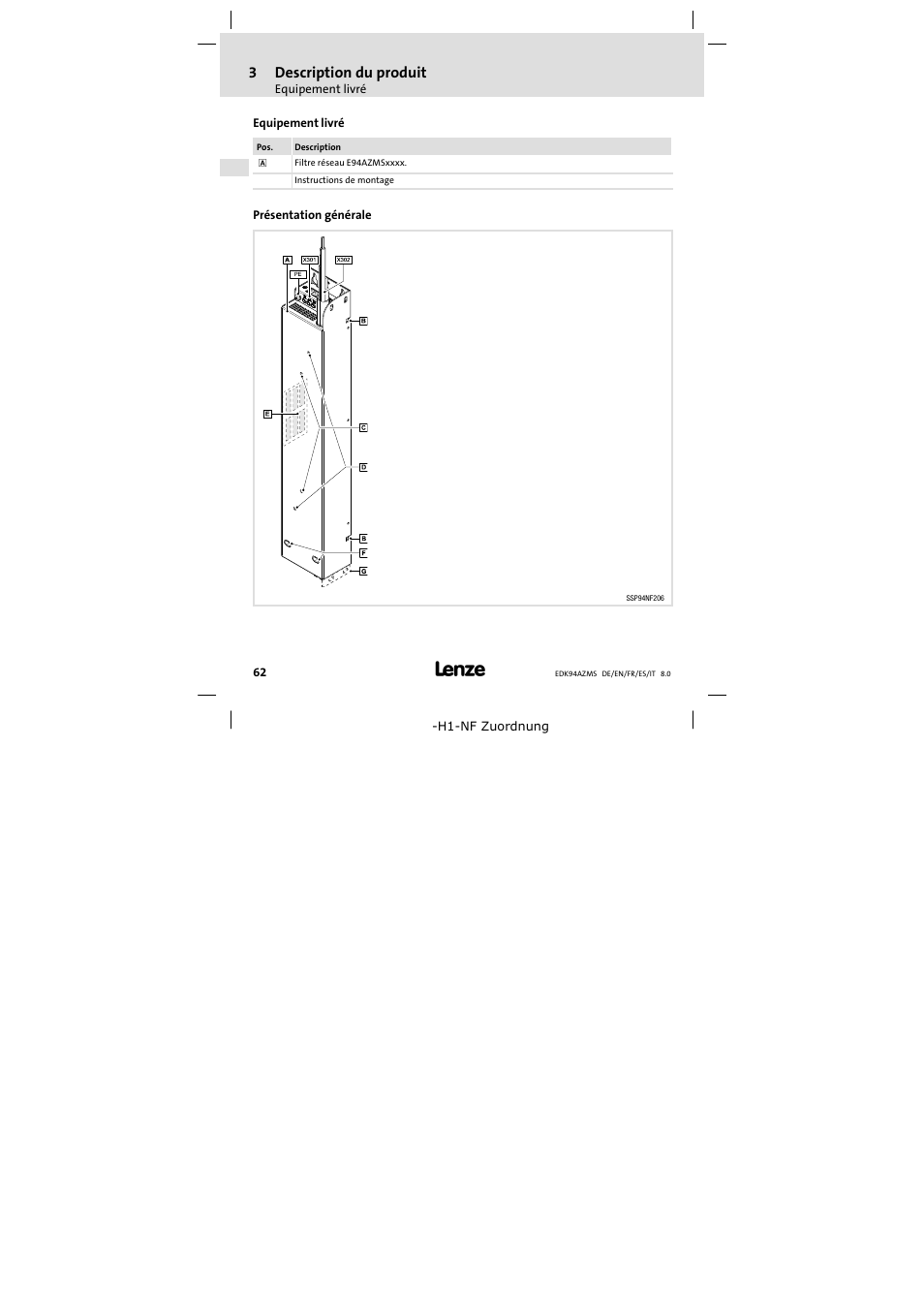 Description du produit, Equipement livré, Présentation générale | 3description du produit | Lenze E94AZMS0314 User Manual | Page 62 / 132