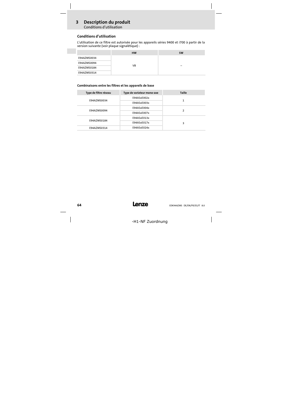 Conditions d'utilisation, Conditions d’utilisation, 3description du produit | Lenze E94AZMS0314 User Manual | Page 64 / 132