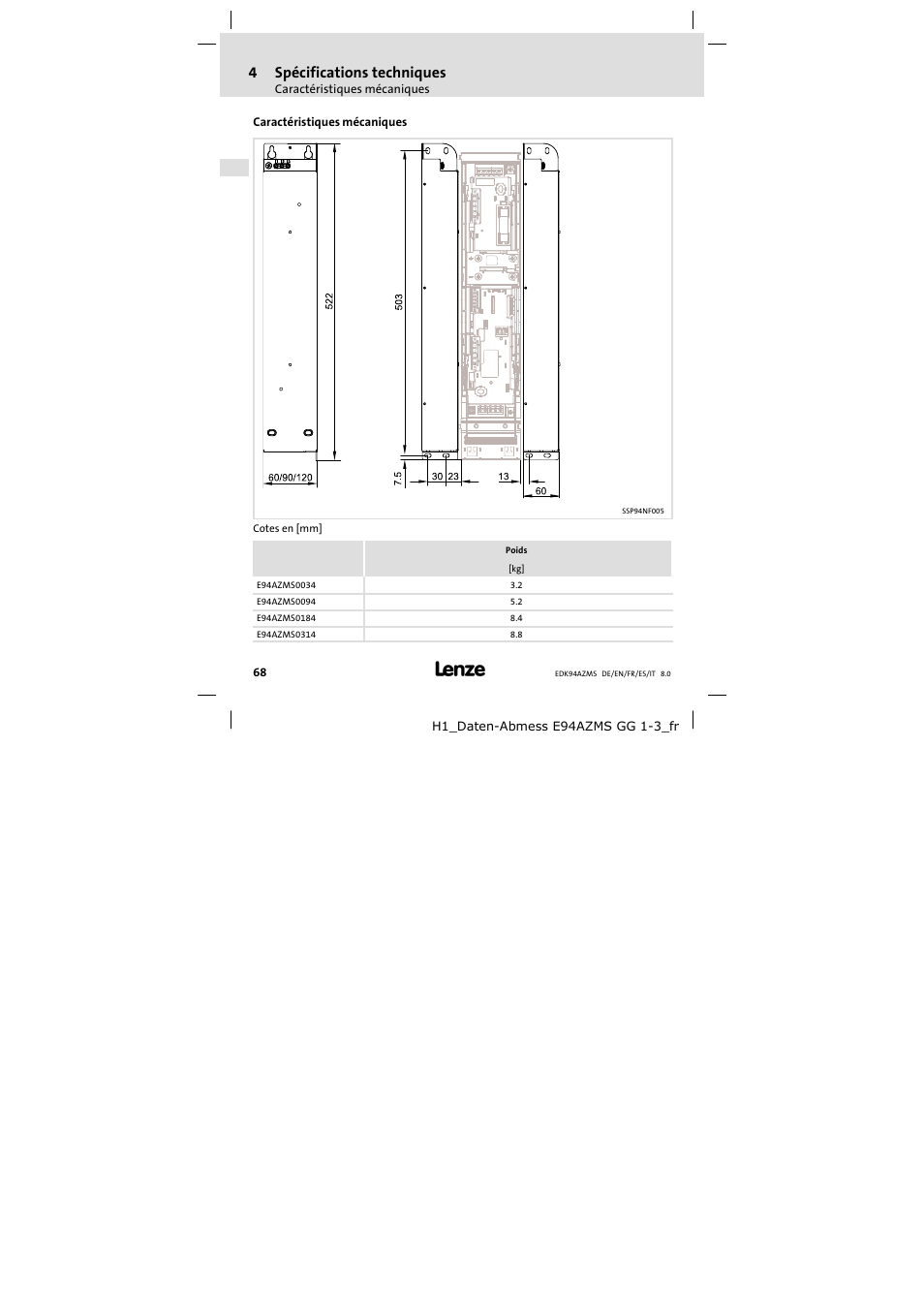 Caractéristiques mécaniques, 4spécifications techniques | Lenze E94AZMS0314 User Manual | Page 68 / 132