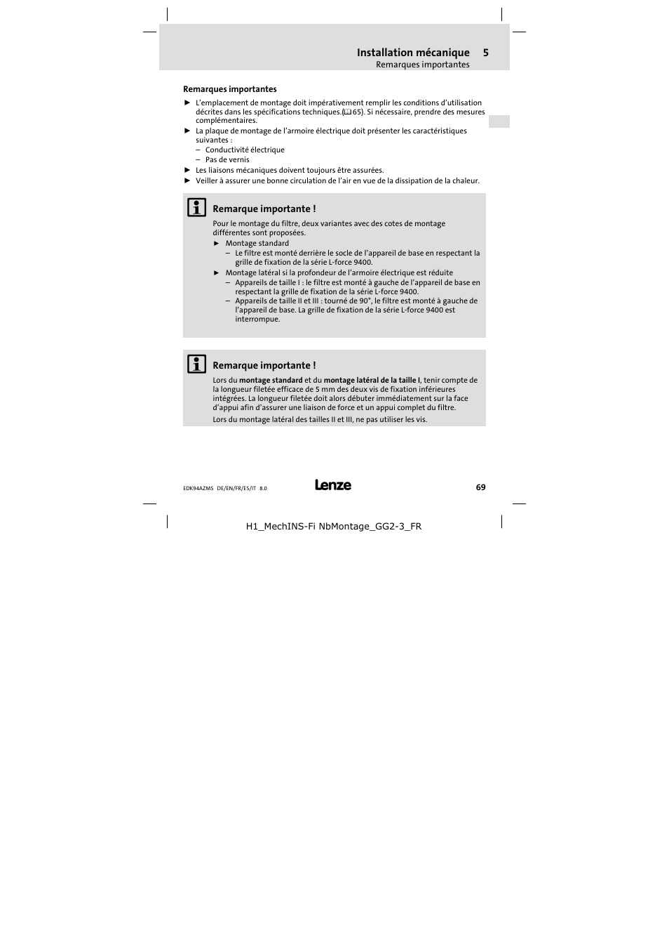 Installation mécanique, Remarques importantes | Lenze E94AZMS0314 User Manual | Page 69 / 132
