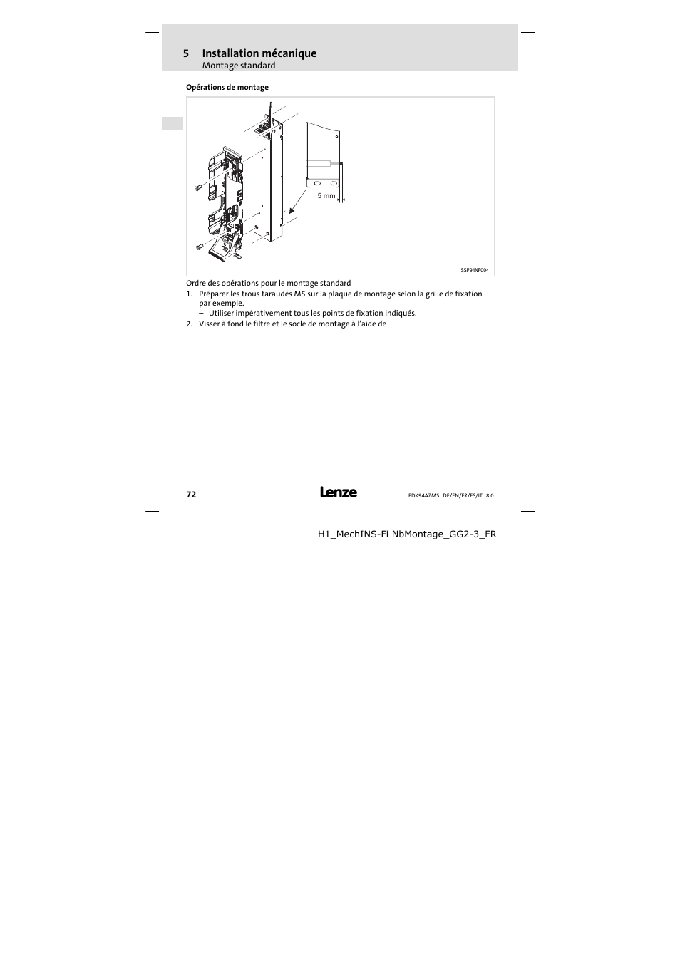 Opérations de montage | Lenze E94AZMS0314 User Manual | Page 72 / 132