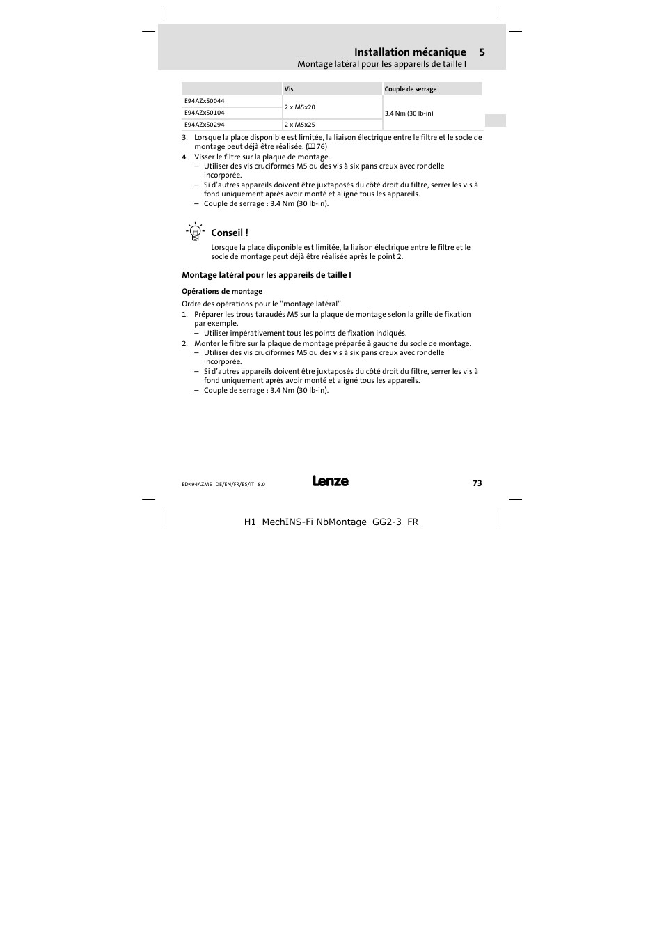 Montage latéral pour les appareils de taille i, Opérations de montage, Installation mécanique | Lenze E94AZMS0314 User Manual | Page 73 / 132