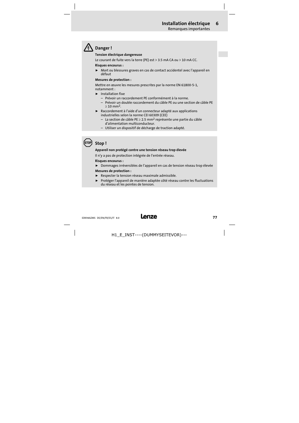 Installation électrique | Lenze E94AZMS0314 User Manual | Page 77 / 132