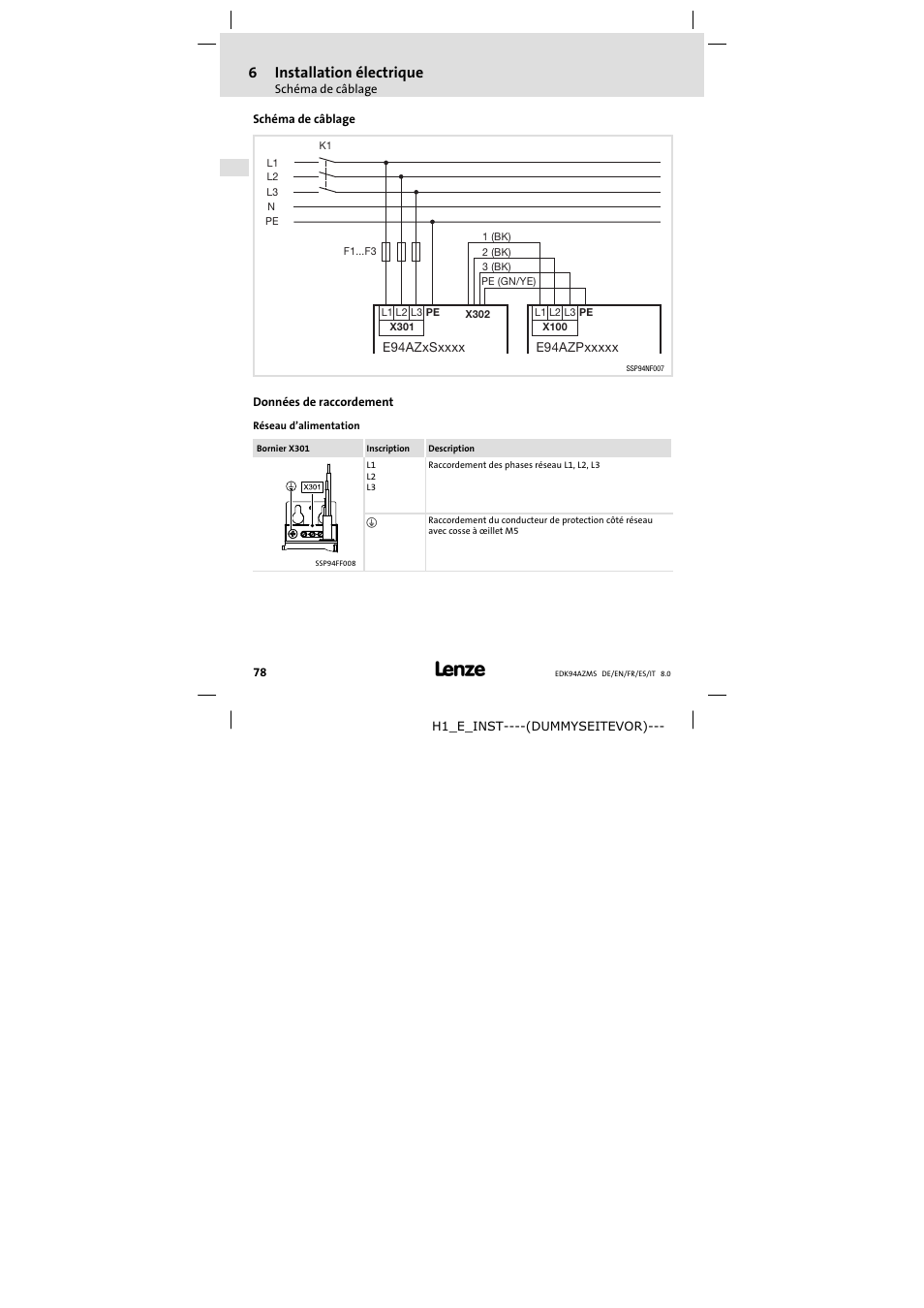 Schéma de câblage, Données de raccordement, 6installation électrique | Lenze E94AZMS0314 User Manual | Page 78 / 132