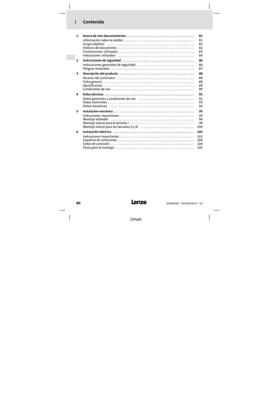 Lenze E94AZMS0314 User Manual | Page 80 / 132