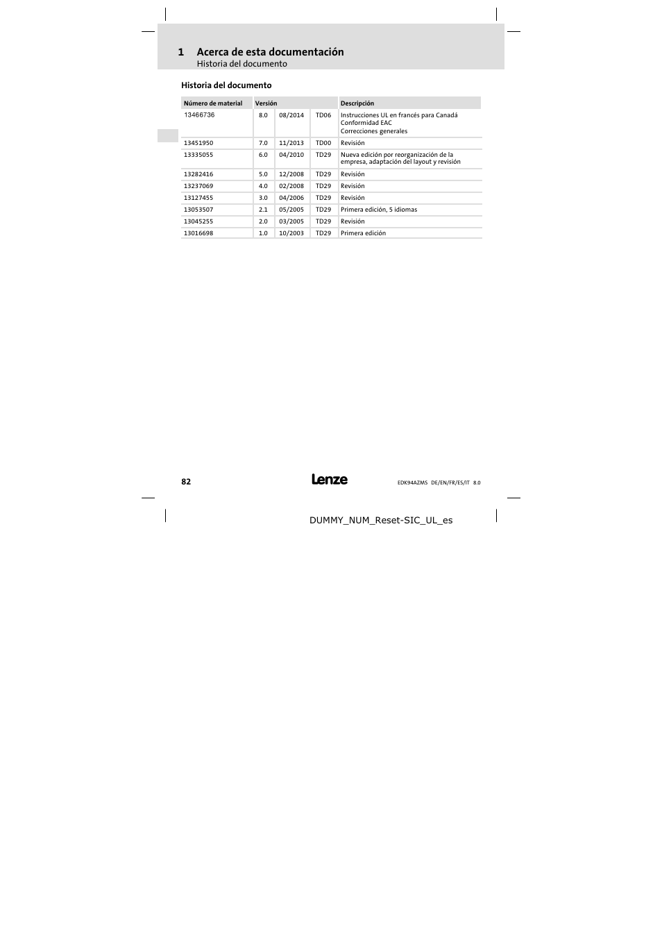 Historia del documento, 1acerca de esta documentación | Lenze E94AZMS0314 User Manual | Page 82 / 132