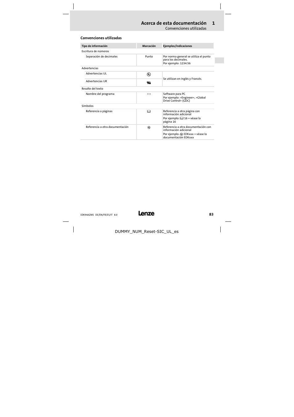 Convenciones utilizadas, Acerca de esta documentación | Lenze E94AZMS0314 User Manual | Page 83 / 132