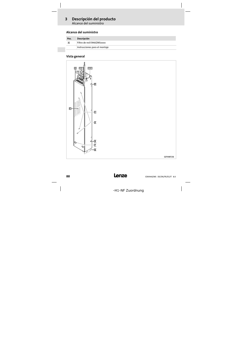 Descripción del producto, Alcance del suministro, Vista general | 3descripción del producto | Lenze E94AZMS0314 User Manual | Page 88 / 132