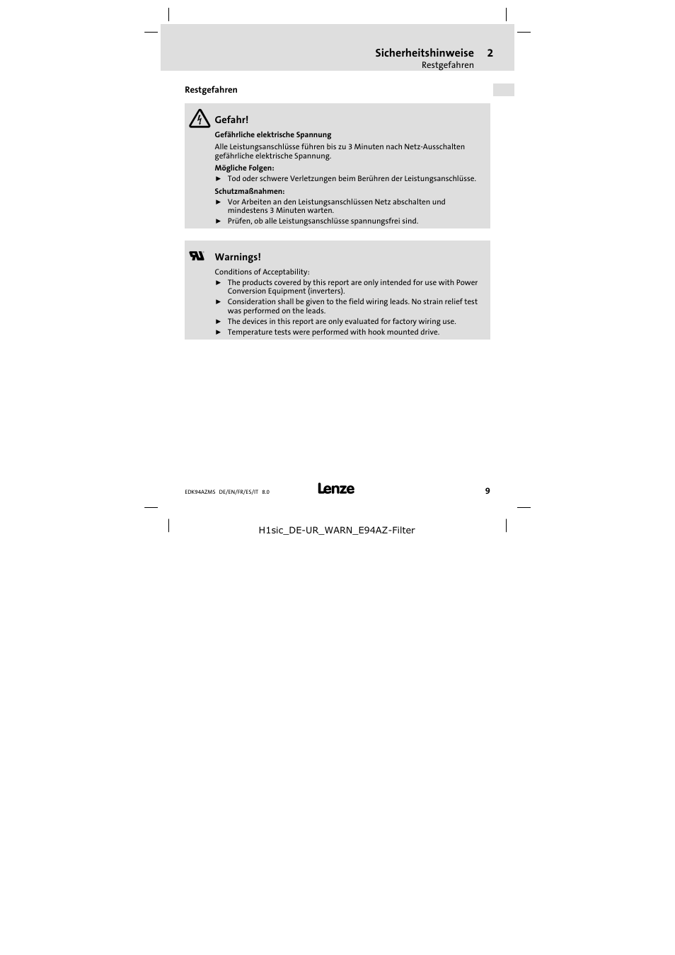 Restgefahren | Lenze E94AZMS0314 User Manual | Page 9 / 132