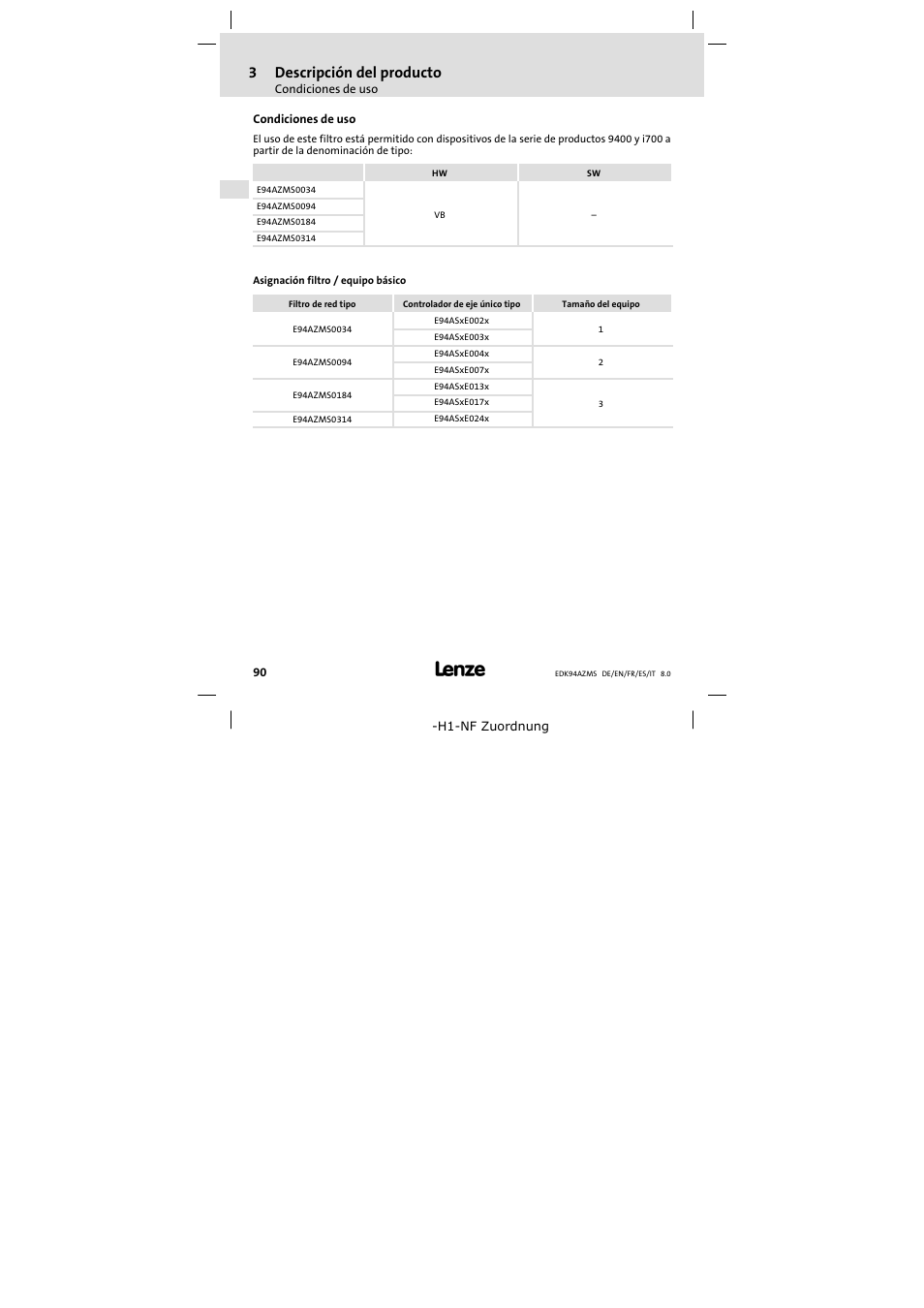 Condiciones de uso, 3descripción del producto | Lenze E94AZMS0314 User Manual | Page 90 / 132