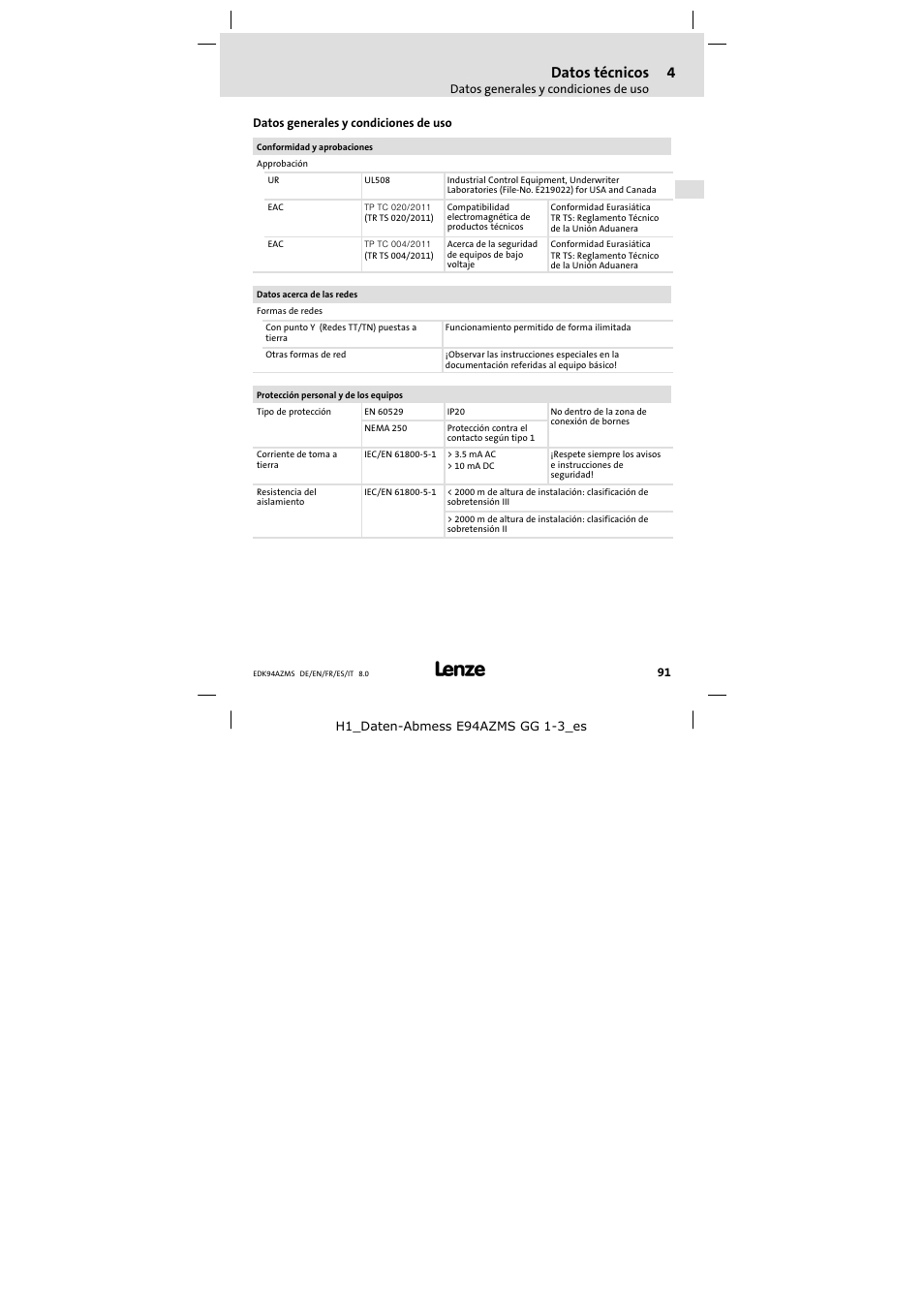 Datos técnicos, Datos generales y condiciones de uso | Lenze E94AZMS0314 User Manual | Page 91 / 132