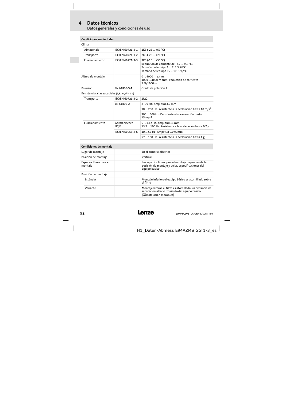 4datos técnicos | Lenze E94AZMS0314 User Manual | Page 92 / 132