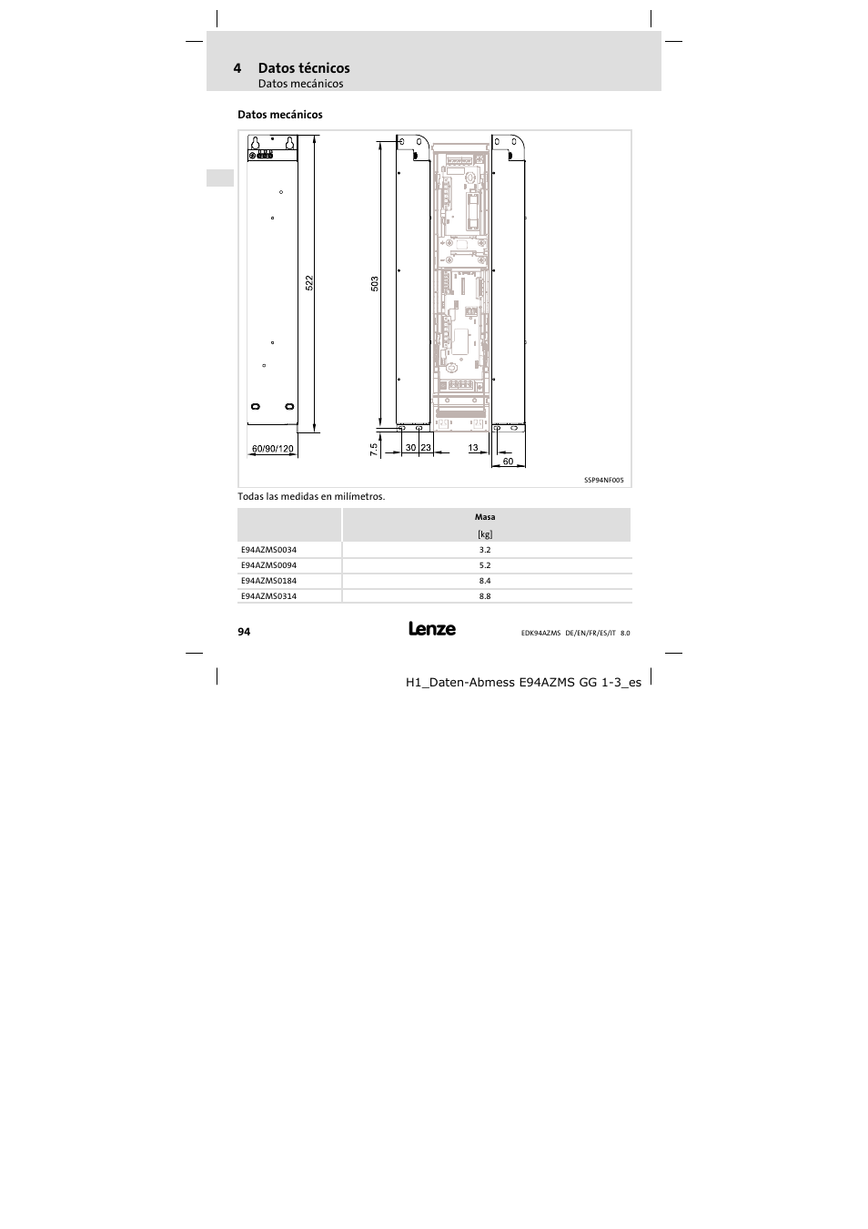Datos mecánicos, 4datos técnicos | Lenze E94AZMS0314 User Manual | Page 94 / 132