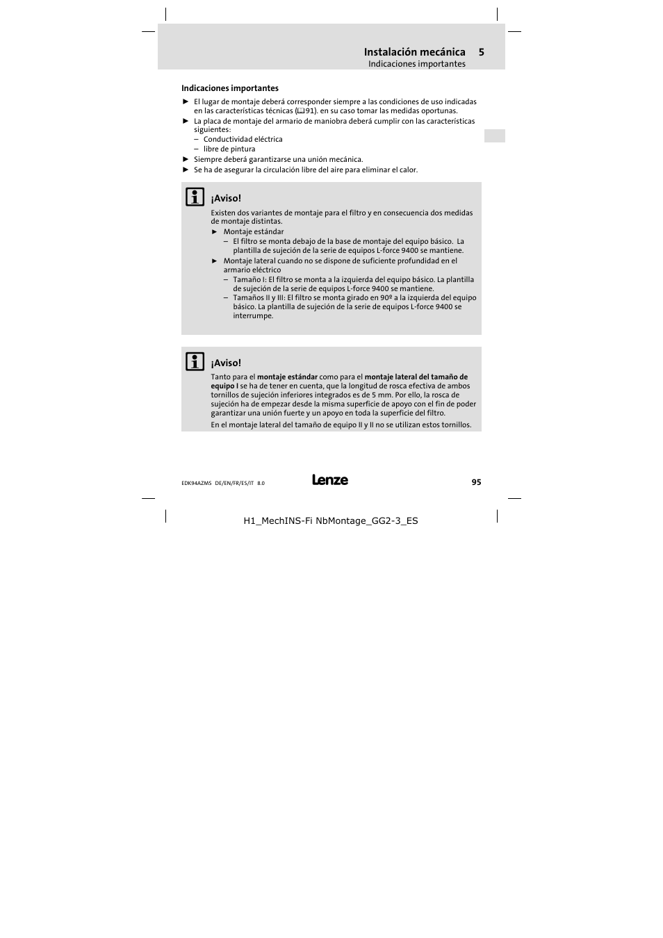 Instalación mecánica, Indicaciones importantes | Lenze E94AZMS0314 User Manual | Page 95 / 132