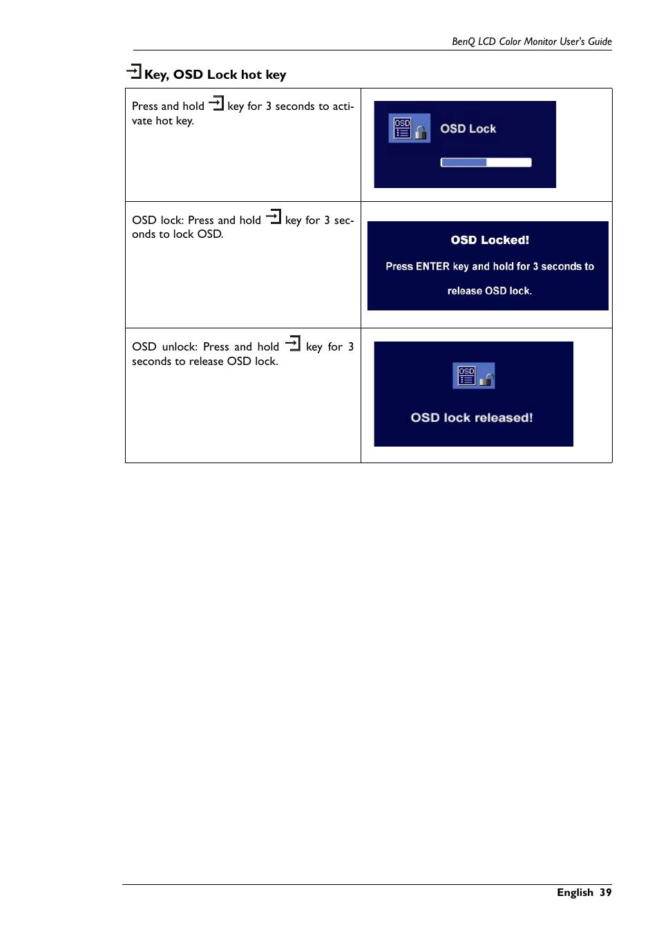 Key, osd lock hot key | BenQ FP791 User Manual | Page 40 / 53