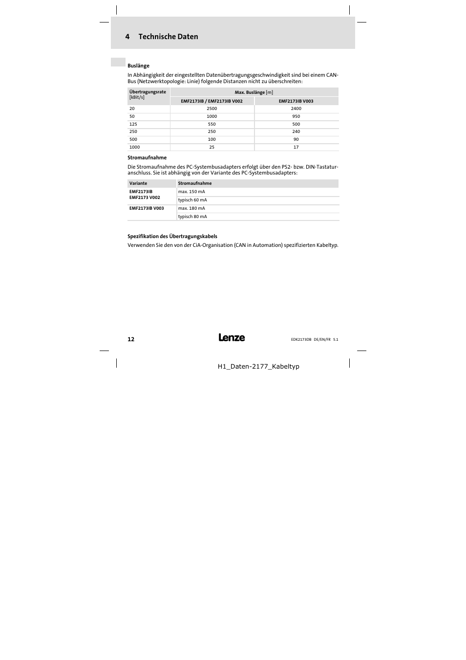 4 technische daten, Technische daten, 4technische daten | Lenze EMF2173IB V003 User Manual | Page 12 / 34