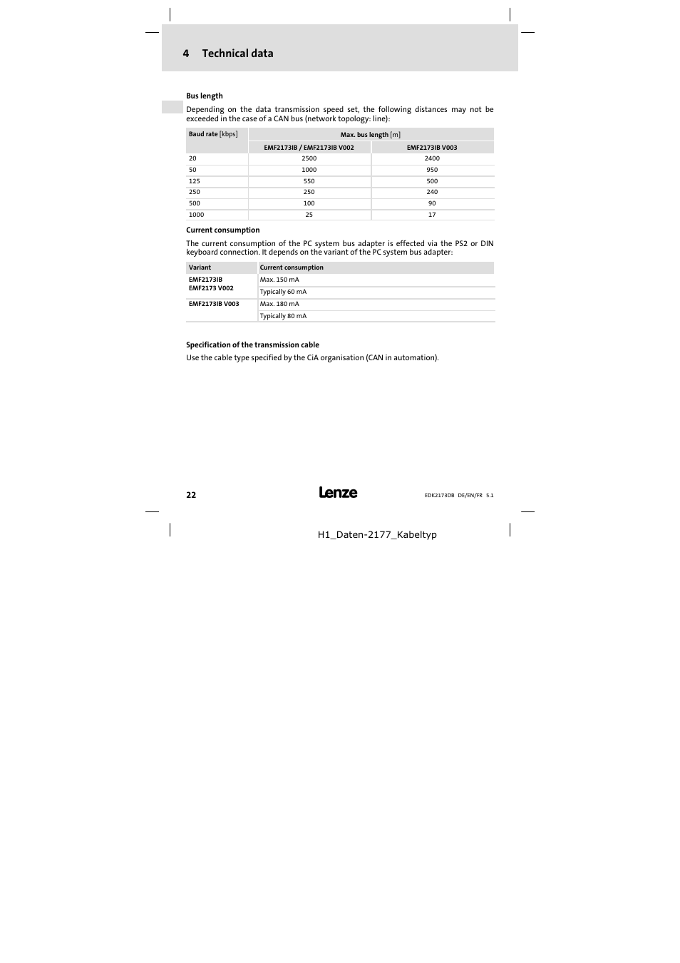 4 technical data, Technical data, 4technical data | Lenze EMF2173IB V003 User Manual | Page 22 / 34