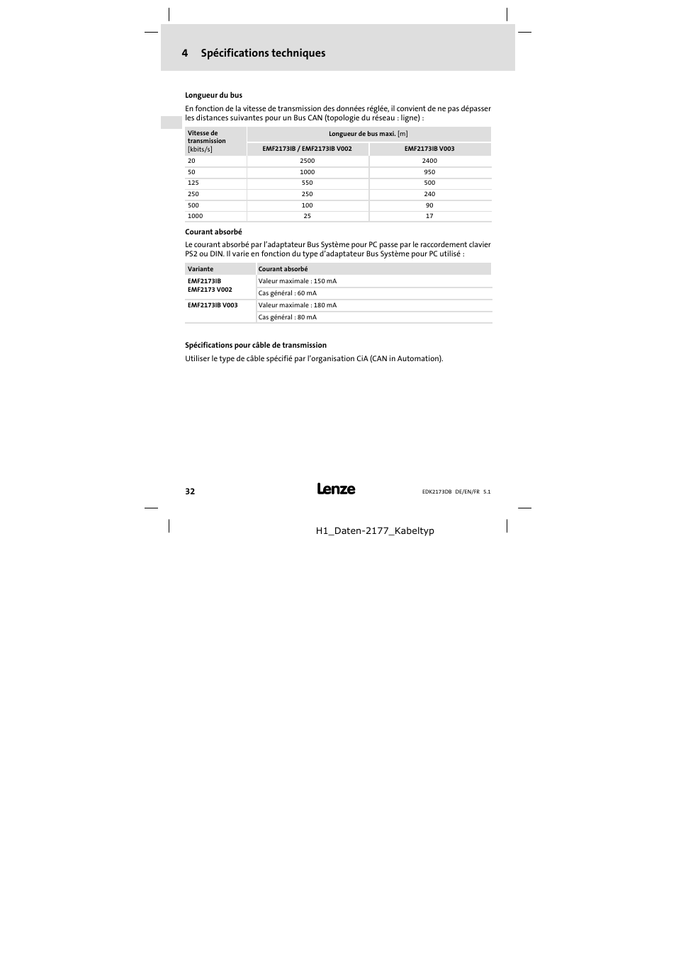 4 spécifications techniques, Spécifications techniques, 4spécifications techniques | Lenze EMF2173IB V003 User Manual | Page 32 / 34