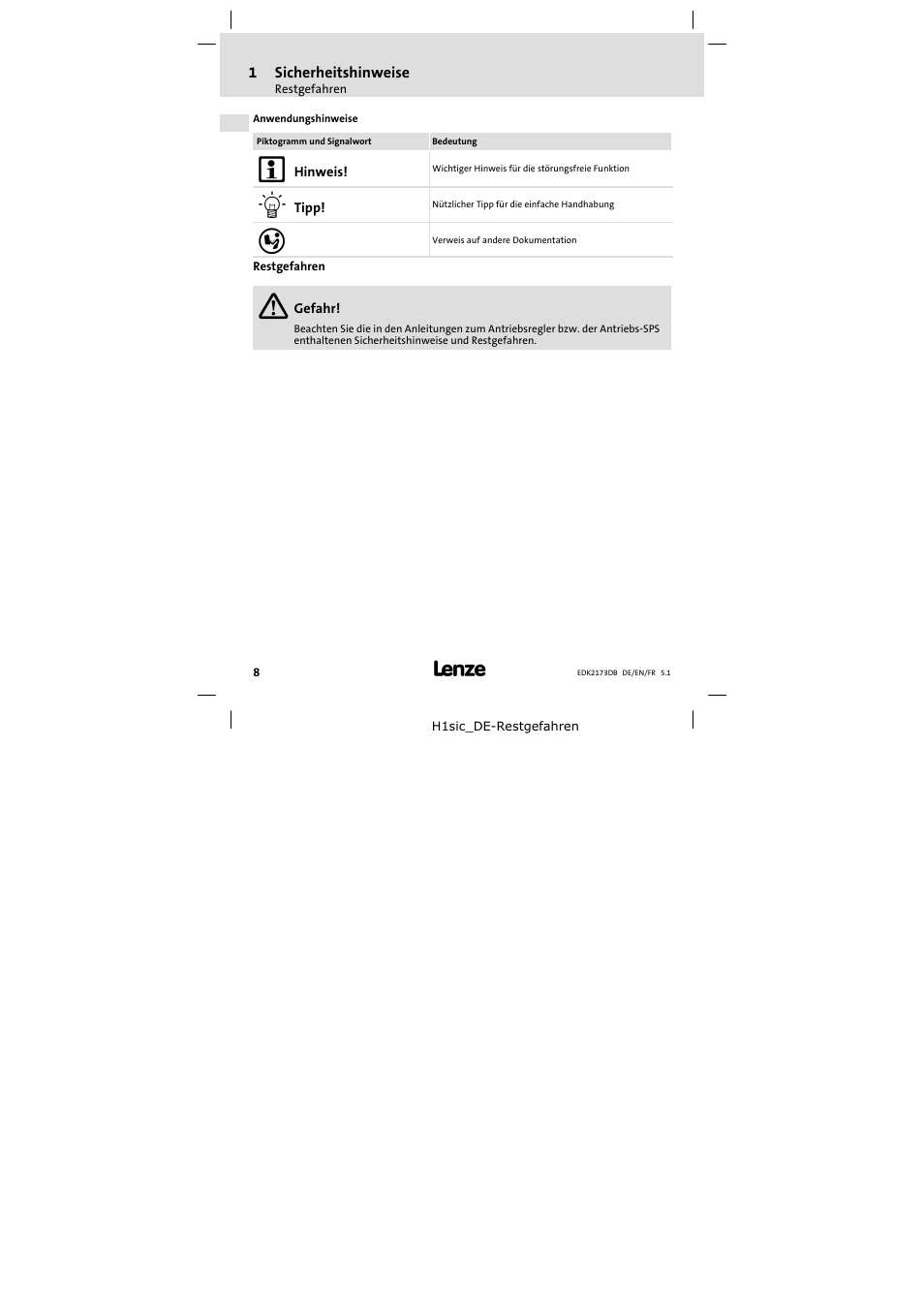 Restgefahren | Lenze EMF2173IB V003 User Manual | Page 8 / 34