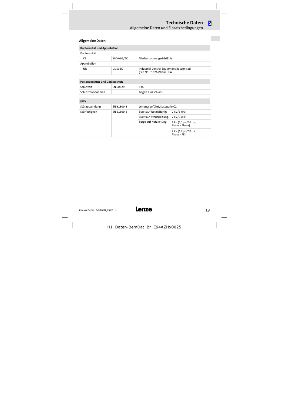 Technische daten | Lenze E94AZHY0025 User Manual | Page 13 / 94