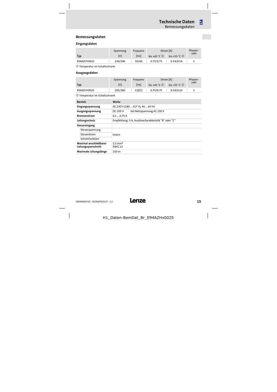 Bemessungsdaten, Technische daten | Lenze E94AZHY0025 User Manual | Page 15 / 94