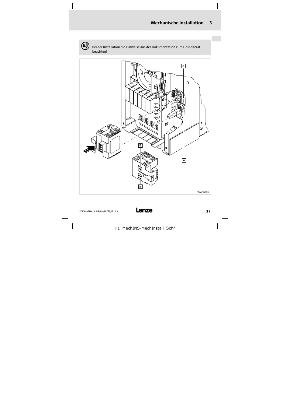 3 mechanische installation, Mechanische installation | Lenze E94AZHY0025 User Manual | Page 17 / 94